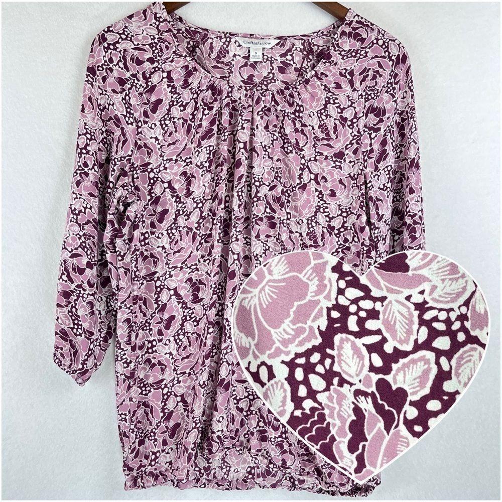 Croft & Barrow Semi Sheer Top Women's Size Small Lightweight Purple Floral‎